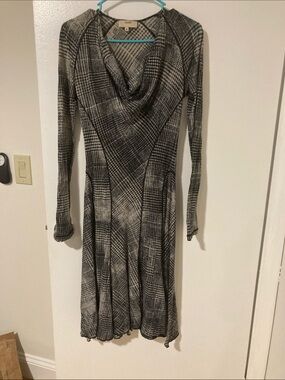 Faded Black & Gray Plaid Cowl Neck Dress - Women